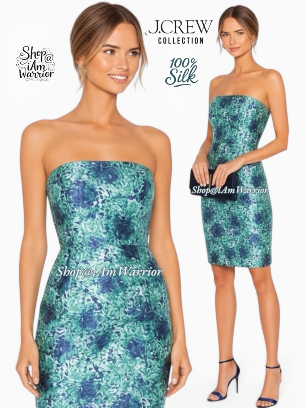 J.Crew Collection teal silk abstract floral strapless dress *shop@iamwarrior